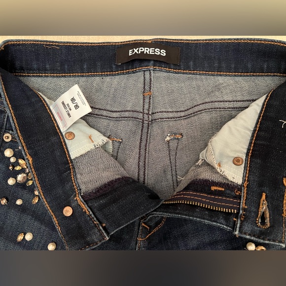 Express Embellished Mid Rise Dark Denim Skinny Jean - Picture 8 of 10